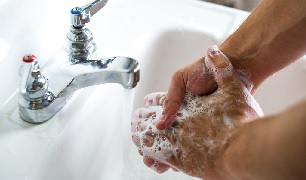 Close up of sudsy hands being washed in a white sink