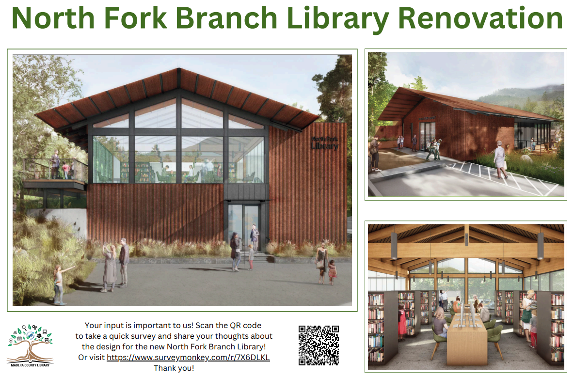 Rendering of proposed library architecture. Cabin style renderings of a library. 