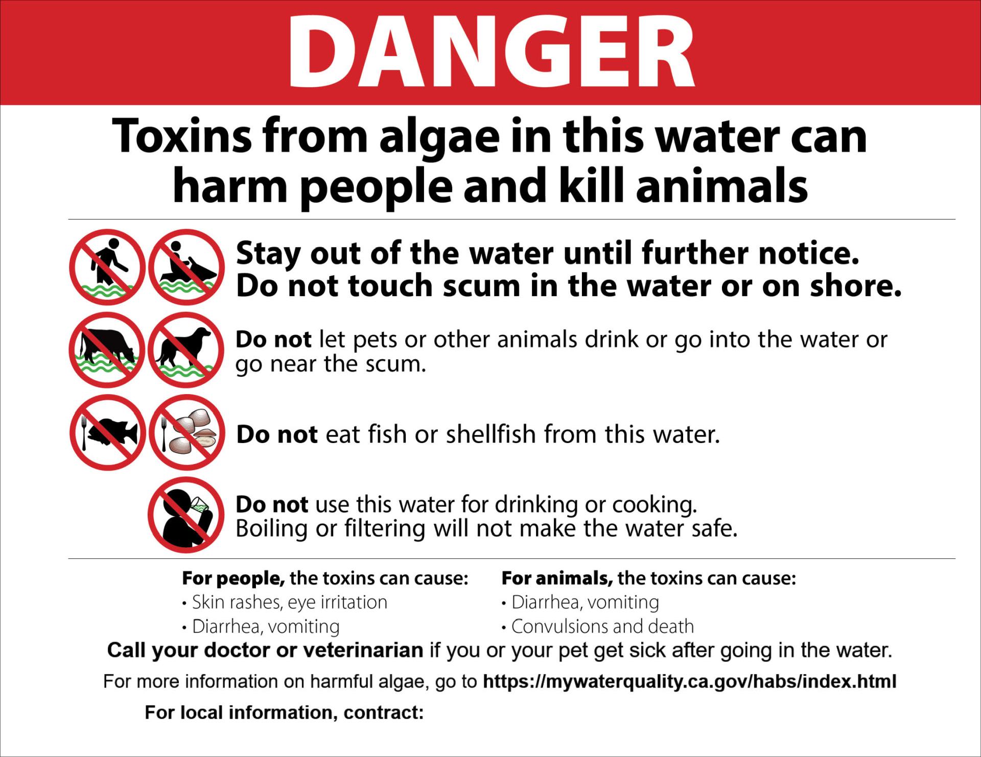 Danger Toxins from algae in this water can harm people and kill animals