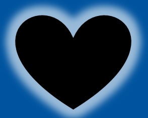 black heart with white glow against blue background