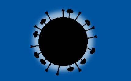 Black circular virus with white glow and blue background