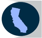 California in light blue, set in dark blue circle against grey half frame