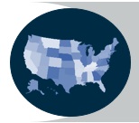 USA in light blue, set in dark blue circle against grey half frame