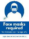 Poster with drawing in blue of icon person in mask and text "face masks are required indoors for everyone over the age of 2"