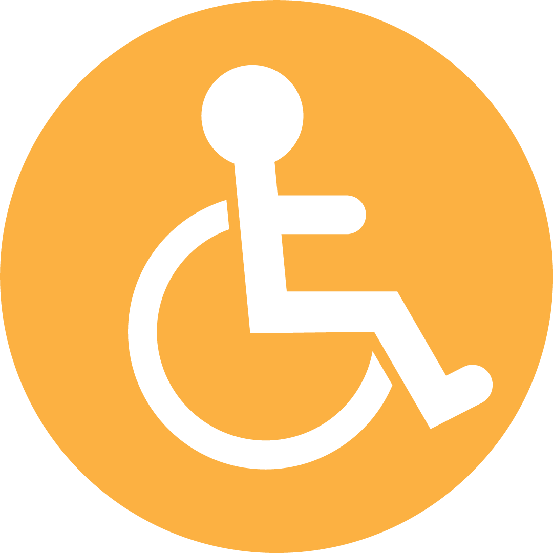 Disabled logo- yellow circle with while stick figure of a person in a wheelchair