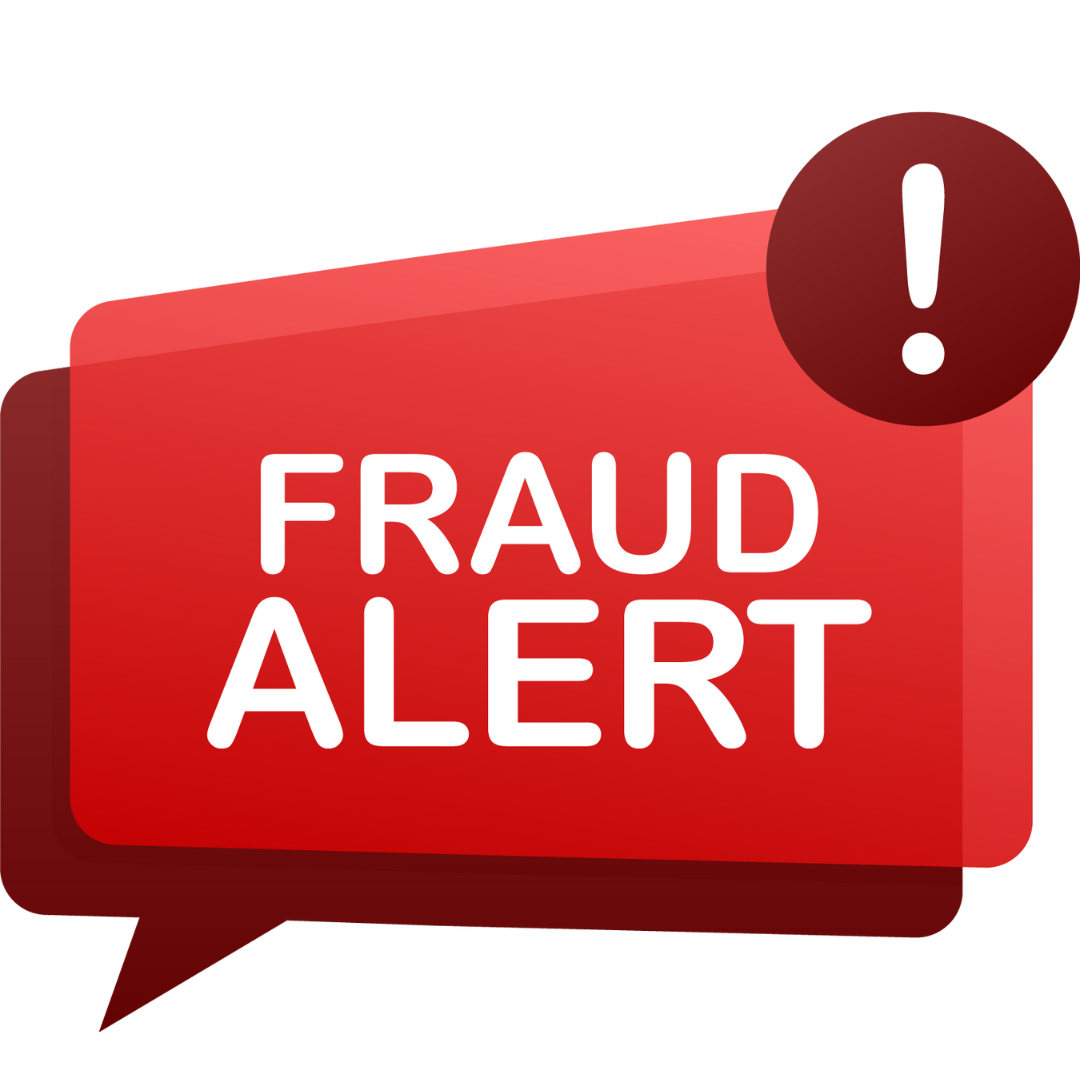 FRAUD ALERT ICON red square with Fraud in white lettering in the center