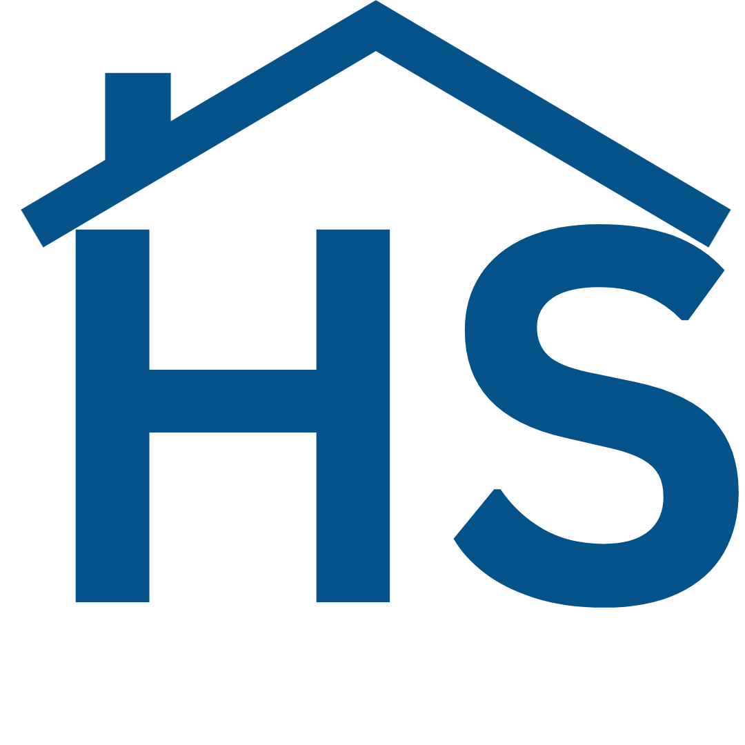 Home Safe abbreviation-blue letters H-S under a house roof 