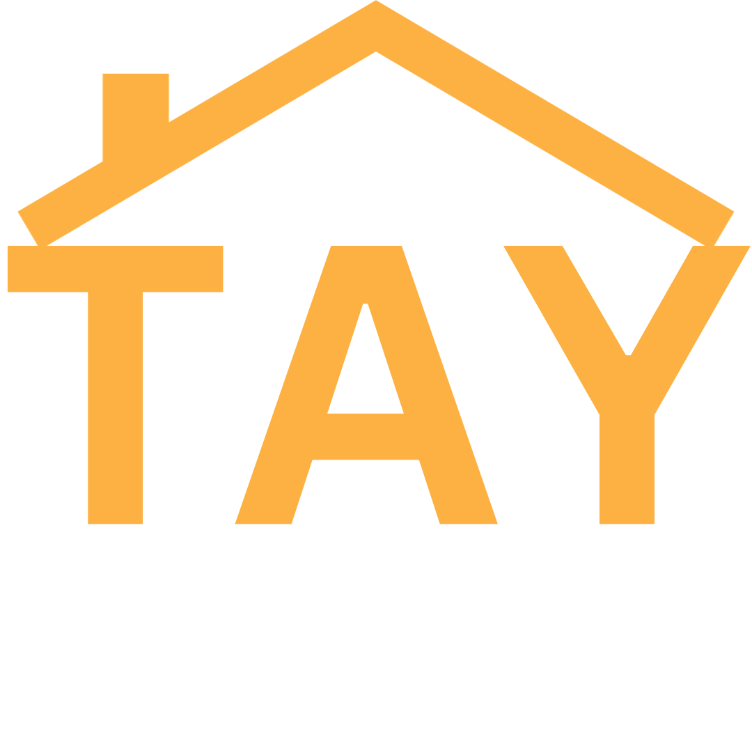 Transitional Age Youth abbreviation- yellow letters T-A-Y under a house roof