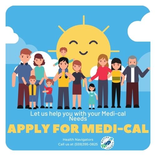 3 cartoon families in front of a smiling sun text reads Apply for Medi-Cal