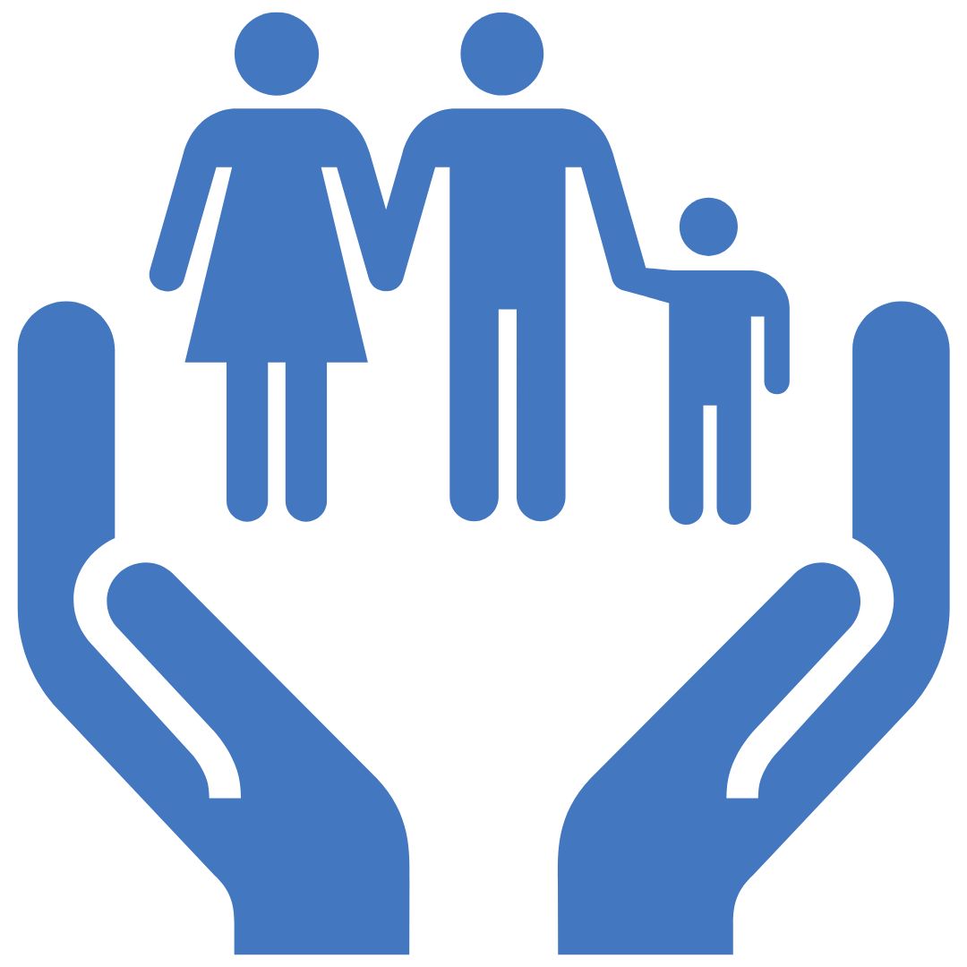 Blue hands holding stick figures of parents and child-Child Welfare Services